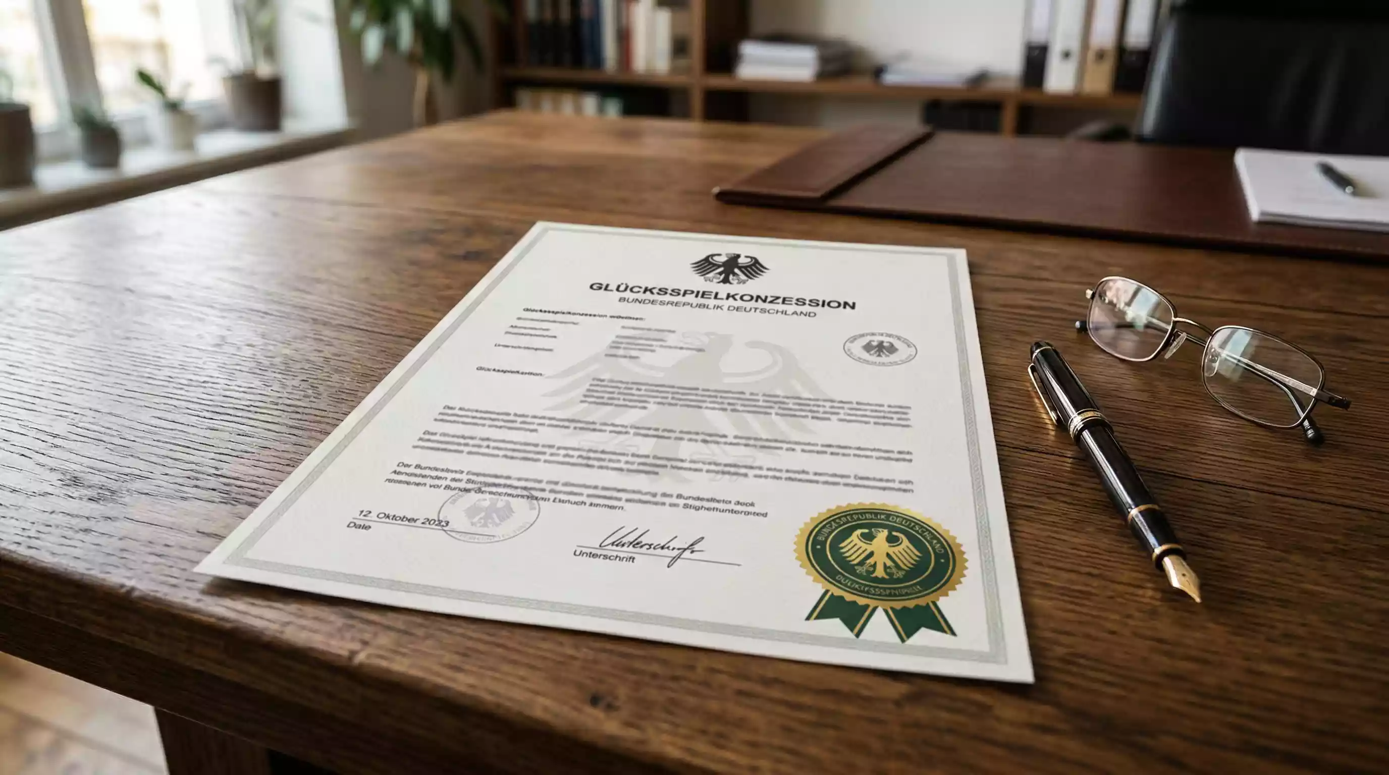 Dokument mit deutscher Glücksspiellizenz und GGL-Siegel