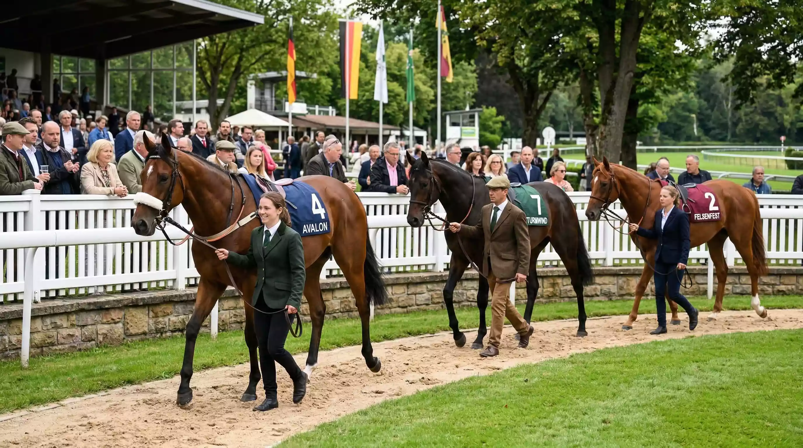 Pferde werden im Führring vor dem Rennen präsentiert