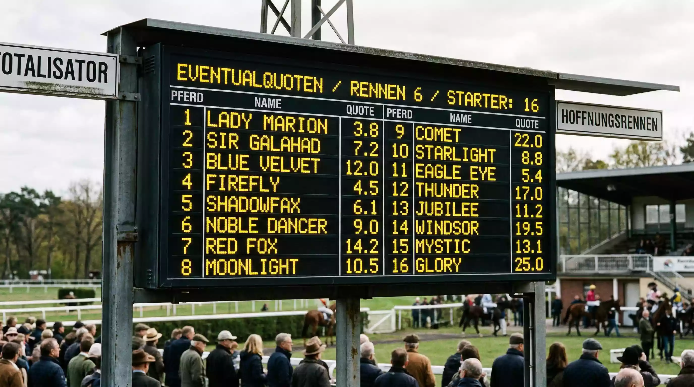 Anzeigetafel mit Eventualquoten auf einer Rennbahn in Deutschland