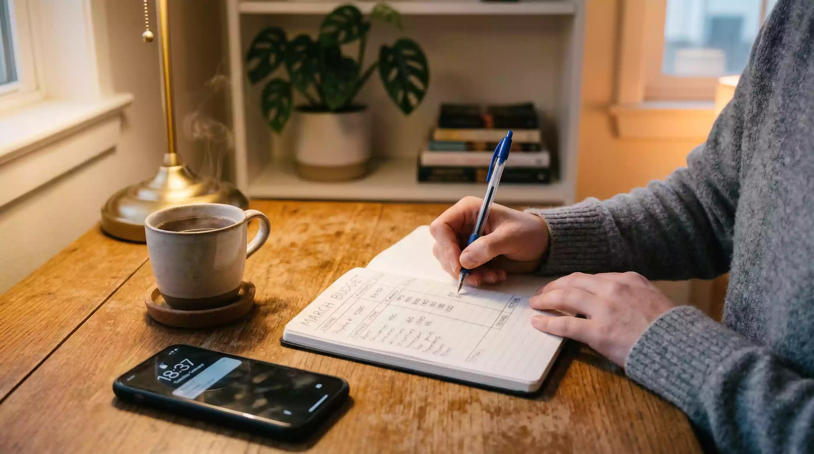 Person am Schreibtisch plant ein Budget für Wetten in einem Notizbuch